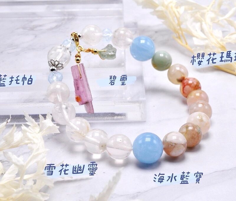 典藏原創 | 遇 - 雪花的祝福 | 雪花幽靈 /海藍寶/托帕石/櫻花瑪瑙